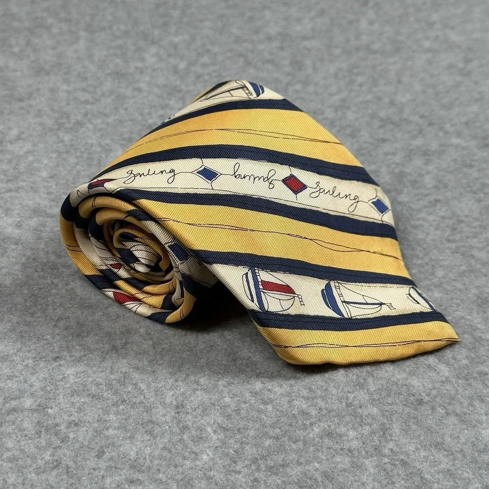 Vintage Chaps Ralph Lauren Sailboat Silk Tie Yellow Nautical USA 57x3.7in NOTE